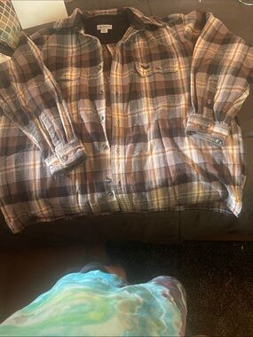 Carhartt Men’s Brown and Cream Plaid Button-Up Shirt